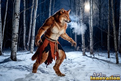 Standing crouched in a snowy birch forest, a furry brown werewolf exhales cold breath