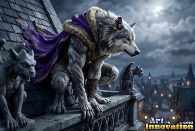 A gray werewolf in a purple cape crouches on a stone roof near gargoyles