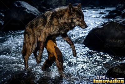 In a rocky stream, a werewolf in torn yellow pants wades through water