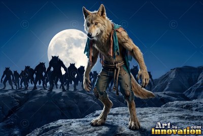 Standing on rocky ground, a werewolf in torn clothes leads a pack under a round night moon