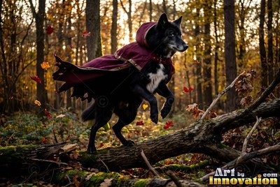 A black wolf in a red hooded cape leaps over a log in the woods