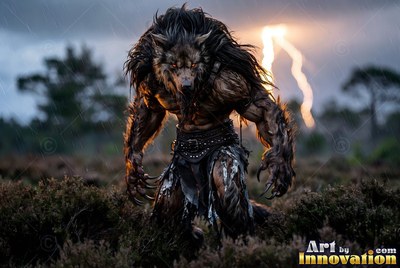 Wearing a dark leather belt, a brown werewolf stalks across a moor under lightning