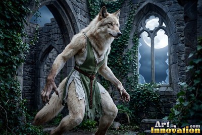 A pale werewolf hunkers down in ruined stone arches under cool blue moonlight