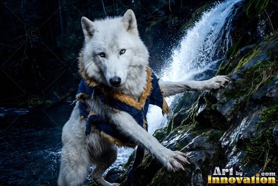 Crouched by a dark waterfall, a white wolf stands on wet rocks wearing a blue vest