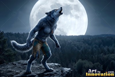 A blue-gray werewolf in torn shorts howls on a cliff before a giant bright round moon