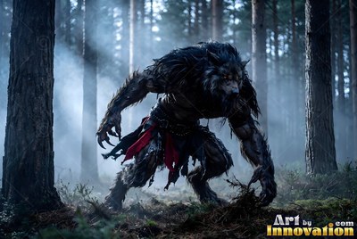 In a foggy pine forest, a dark werewolf crouches on the ground wearing red cloth wraps