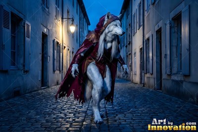 Prowling down a stone alley at dusk, a pale werewolf wears a torn red cloak