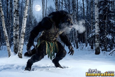 Black werewolf in leather armor crouching in a snowy birch forest