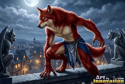 A werewolf in blue cloth crouches on a stone roof between gargoyles under the moon