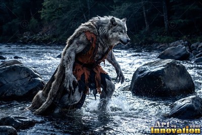 A werewolf wades through a rocky river under cold blue moonlight