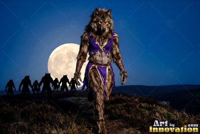 Walking forward on a dark hill, a werewolf in purple leads a pack beneath a whole moon