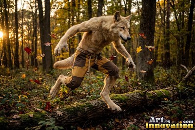 A werewolf in patched brown pants runs over a fallen log in an autumn forest