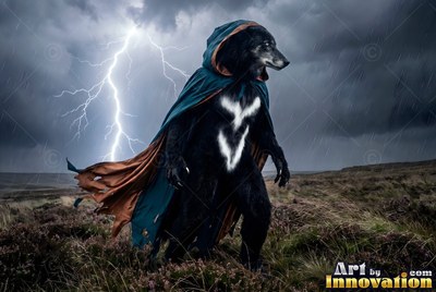 In a stormy field under lightning, a dark werewolf walks in a tattered blue cape
