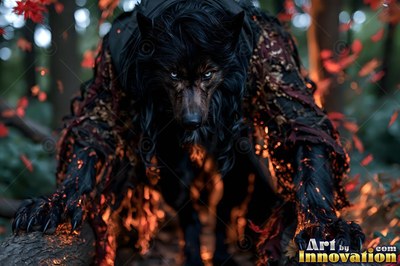 Crouching in the dark woods, a black werewolf in tattered rags stares forward