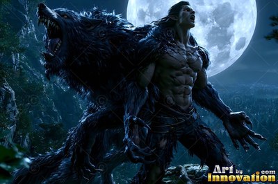 A werewolf howling beside a black wolf under a full moon night sky