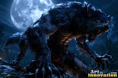 Tattered trousers cling to a snarling werewolf on a dark cliff below the whole moon