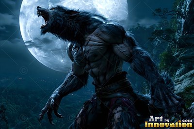 A werewolf howls with head thrown back before a bright moon in blue light