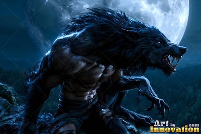 Crouched low on rocks, a black werewolf snarls under a full moon in the dark night sky