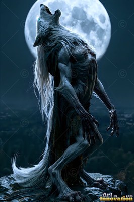 A werewolf with long silver hair howls up at a pale full moon at night