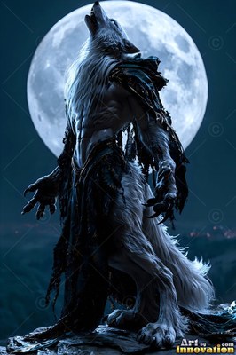 Under a pale whole moon, a white-furred werewolf howls from a dark rocky cliff