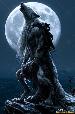 Howling at a large bright round moon, a white-furred werewolf crouches on a dark rock ledge