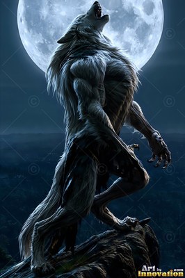 A werewolf howls on a dark rock before a full moon