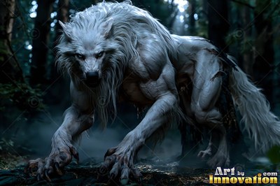 Thick white fur covers a muscular werewolf prowling low to the ground in a dark misty forest