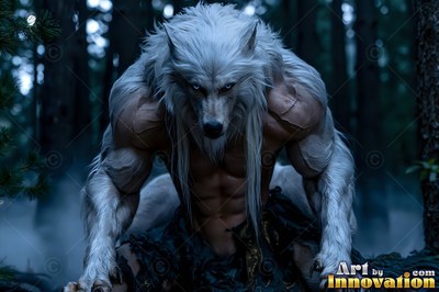 A white werewolf crouches forward in a dark pine forest under cool blue light