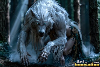 Crouched low in a dark forest, a white werewolf stares ahead with pale blue eyes