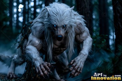 A muscular white werewolf drops low forward in a dark pine forest with blue eyes