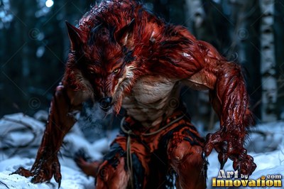 In a snowy forest at night, a muscular red werewolf lowers its body low in the cold