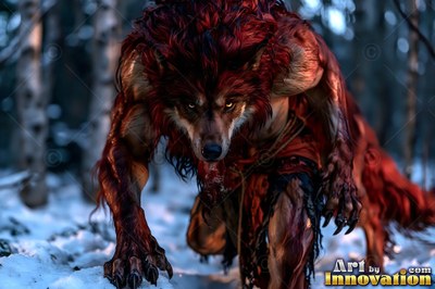 Crawling through a snowy birch forest, a red-furred werewolf creeps forward