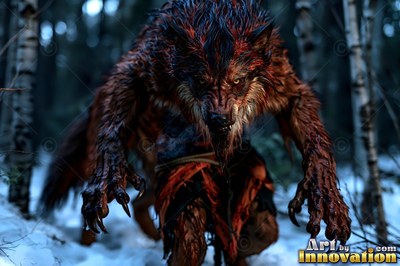 A red-furred werewolf hunkers down low in a dark snowy birch forest