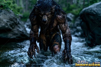 Dark leather arm bracers bind a werewolf stalking forward through a rushing forest stream