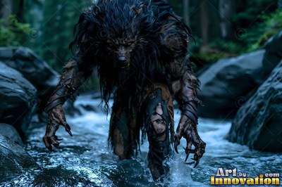 A werewolf wades through a rocky stream, its red eyes visible in dim blue forest light