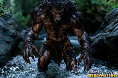 Crouching low in a rocky stream, a dark werewolf wades forward