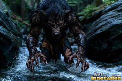 A dark werewolf crawls forward through a shallow rocky creek with sharp claws outstretched