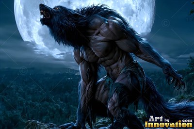 Under a pale full moon, a muscular werewolf howls from a rocky cliff above dark woods