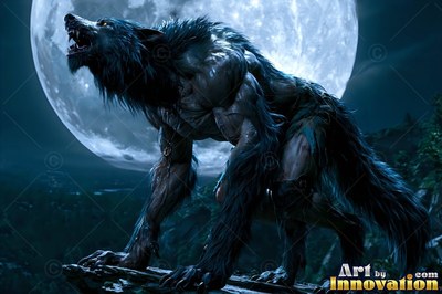 Crouching on a rocky ledge, a dark werewolf snarls before a pale full moon