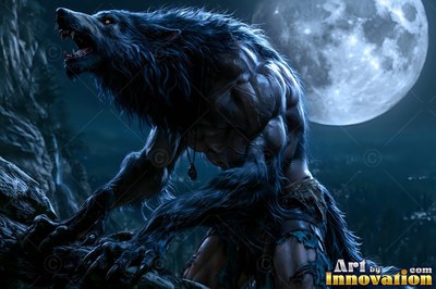 A muscular werewolf crouched on rocks under a bright round moon