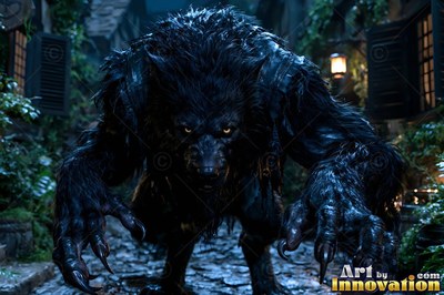 Claws outstretched, a black fur werewolf lowers its body in a dark stone alley at night