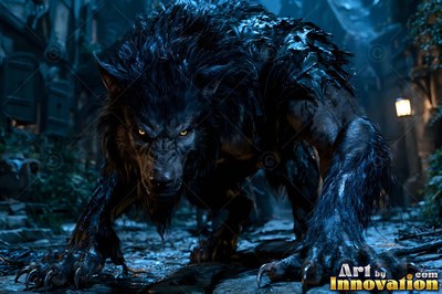 A black werewolf creeps forward on a cobblestone street under pale lantern light