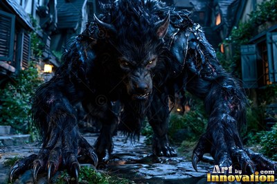 Crouched on all fours in a stone village alley, a black werewolf stalks forward
