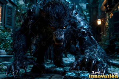 An armored black werewolf prowls forward along a dark cobblestone alleyway
