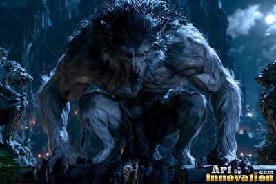 On a dark stone ledge, a gray werewolf crouches under blue moonlight