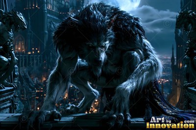 Crouching on a stone roof beside gargoyles, a gray werewolf stares forward under the moon
