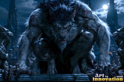 A gray werewolf drops low on a stone ledge under a whole moon at night