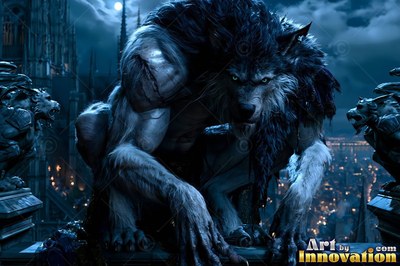Dark matted fur covers a crouched werewolf perched on a stone roof high above a city at night