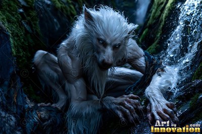 A pale werewolf lowers its body on dark wet rocks near a waterfall in cool blue light