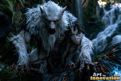 Crouched on rocks by a waterfall, a white-furred werewolf stares forward with claws out